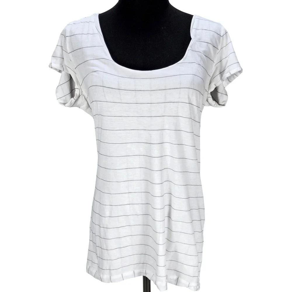 Women's Theory Large White Striped Scoop Neck Short Sleeve Cotton Shirt Preppy - Picture 1 of 4